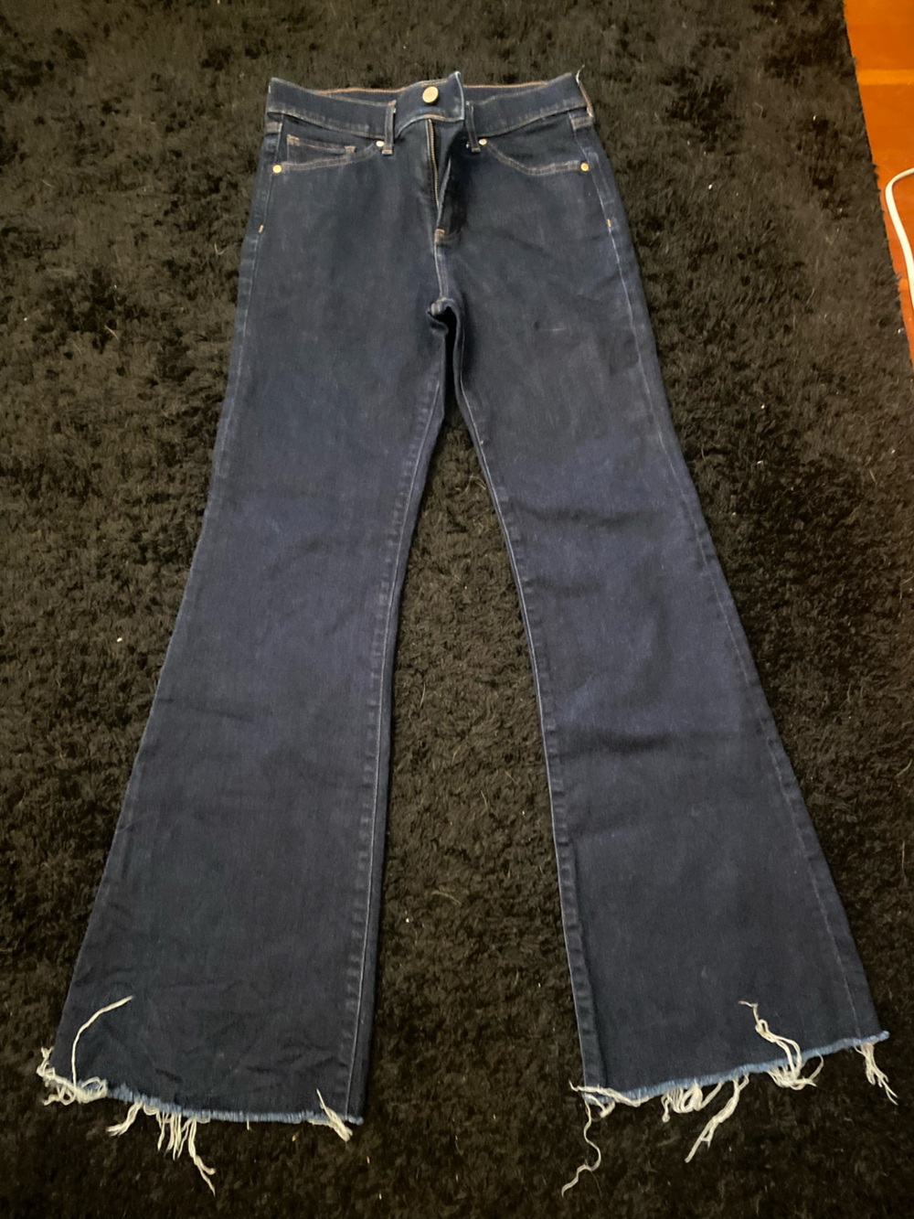 Express Dark Blue Flared Jeans with Raw Hem